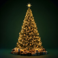A beautifully decorated christmas tree illuminated with warm lights and golden ornaments, surrounded by presents