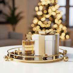 Elegant perfume bottle and white gift box with gold ribbon sitting on a golden tray with bokeh christmas tree background