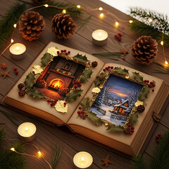Open storybook with christmas scene and fireplace illustration surrounded by pinecone, candle, and light decoration