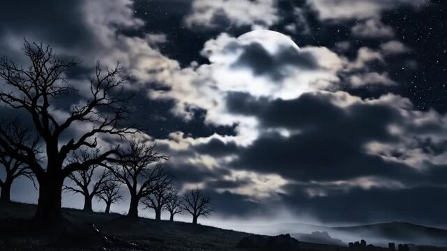 This dramatic night scene features a brilliant full moon shining brightly through dark, wispy clouds in a starry sky. Silhouetted against the nocturnal landscape are a row of ancient, bare trees on a 