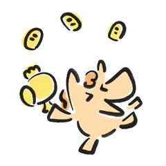 打ち出の小槌を振る笑顔の馬とたくさんの舞い散る小判　正月素材　墨絵