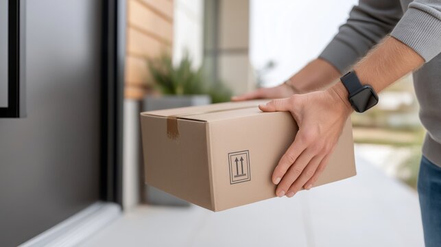 Delivery logistics, home shipping, doorstep parcel handling, and e-commerce fulfillment highlighted through a close view of hands placing a cardboard box at a modern entryway