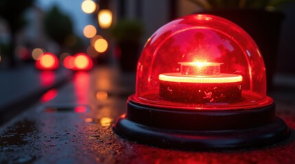 A close-up shot captures a vibrant red rotating light atop a dark metal surface.