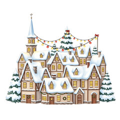Fototapeta premium Charming watercolor illustration of a cozy european village covered in snow with festive christmas lights isolated on white background