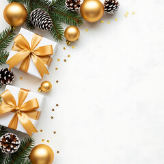 Top view of christmas border decoration with white gift box, golden ornament, pine cone and fir branch on white background