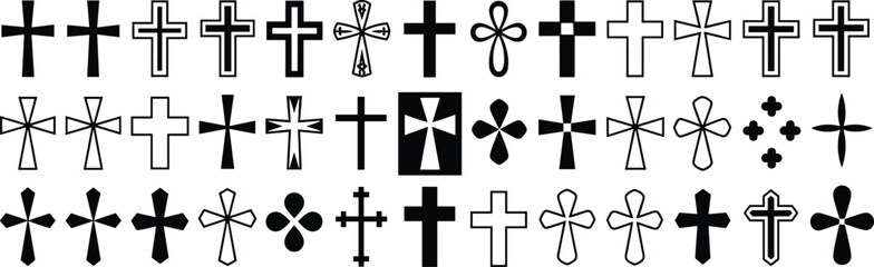 Obraz premium Isometric Black Cross Symbol Collection Featuring Diverse Religious, Artistic, and Decorative Designs in Minimalist Silhouette Icon Style