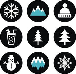 Collection of winter and holiday themed icons in black circles