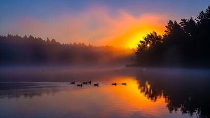 Obraz premium Serene Sunrise Over Lake with Ducks Silhouetted Trees and Golden Reflections.