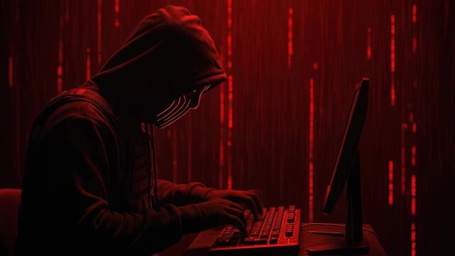 Anonymous hacker wearing a dark hooded sweatshirt and illuminated mask intensely types malicious code on a computer keyboard in a vibrant red digital environment