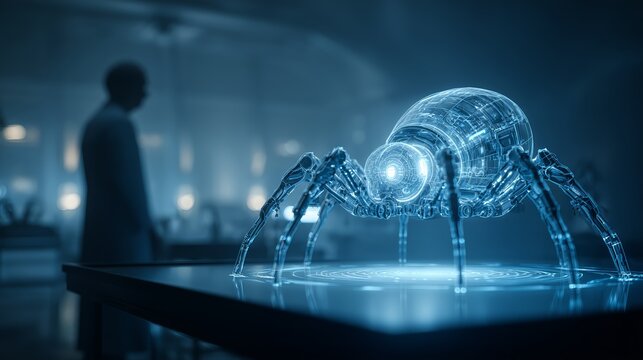 A bug robot in a science lab. A glowing prototype on a table, a translucent body and mechanical paws, a blurred silhouette of a scientist against the background, cold illumination.