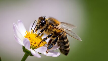 Detailed Macro Shot: Honeybee Pollinating Delicate White Flower Green Background.