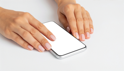 Realistic Human Hands Holding Smartphone with Transparent Screen Mockup, Studio Background