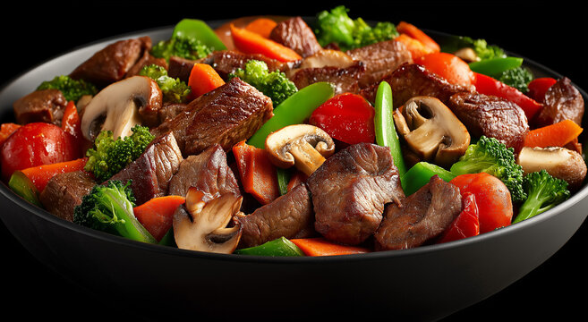 Delicious beef stir fry with colorful mixed vegetables provides healthy and tempting eating lifestyle options