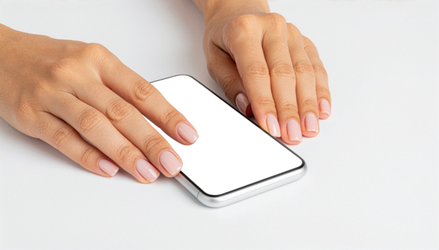 Realistic Human Hands Holding Smartphone with Transparent Screen Mockup, Studio Background