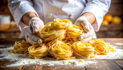 Chef presents fresh tagliatelle pasta ready for cooking, perfect for culinary blogs, food packaging, and restaurant menus, a taste of authentic Italy