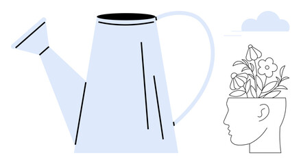 Large watering can pours water onto a human head filled with blooming flowers, symbolizing knowledge, creativity, and personal development. Ideal for education, mental health, mindfulness, growth