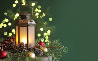 Christmas Lantern with Pinecones and Green Bokeh Lights