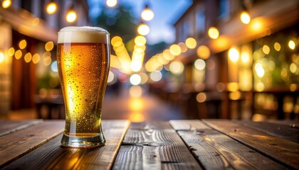 Refreshing pint of golden beer on rustic wood table at vibrant outdoor bar during happy hour, perfect for summer advertising or social media campaigns