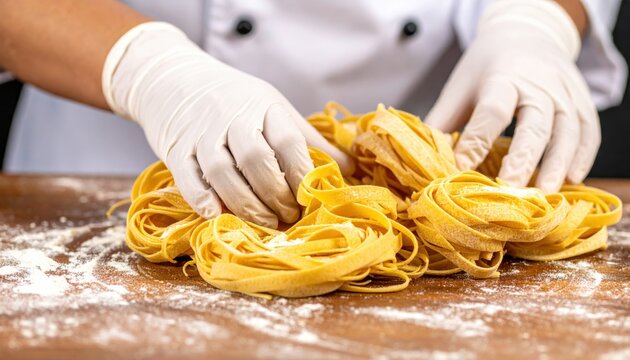 Chef preparing fresh, vibrant pasta nests with gloved hands on a floured wooden board, ready for a gourmet Italian meal, promising culinary excellence