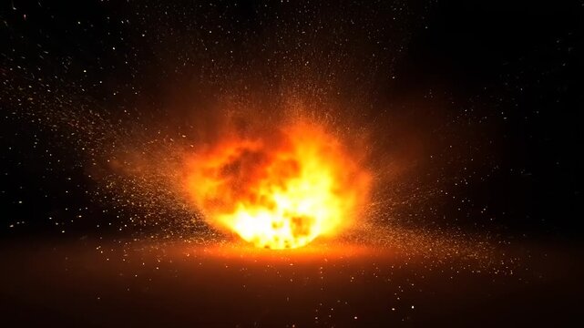 Fiery Explosion with Sparks and Smoke in Darkness.