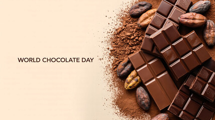 A delightful arrangement of rich dark chocolate bars and cocoa beans, celebrating World Chocolate Day.