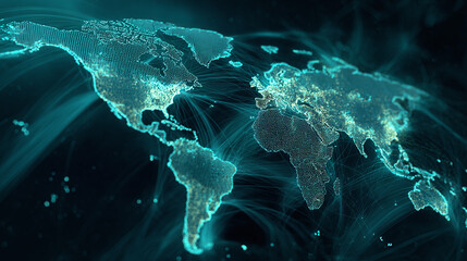 A stunning digital rendering of the world map with glowing connections, symbolizing global connectivity and data flow.