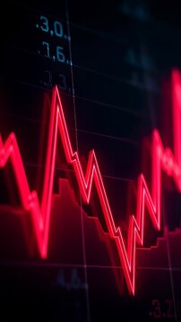 Glowing red neon stock market graph crashing downwards on a dark grid in a cinematic 3D animation, visualizing financial loss and economic recession concepts.