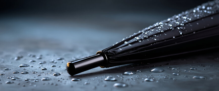 Close-up of a closed black umbrella with water droplets on its surface and surrounding wet floor in moody lighting