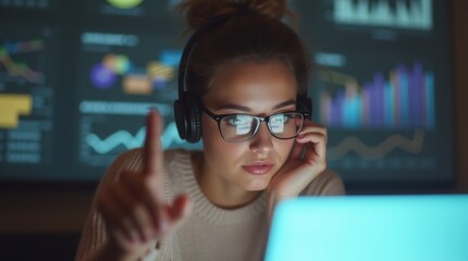 Focused young woman with glasses and headphones pointing upward, laptop glow in foreground, blurry analytics charts behind, messy bun and soft sweater, concept of online education data storytelling