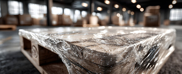 Fototapeta premium The warehouse pallet snugly covered with transparent shrink wrap film