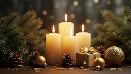 Warm glowing candles and festive decorations create a cosy Christmas atmosphere