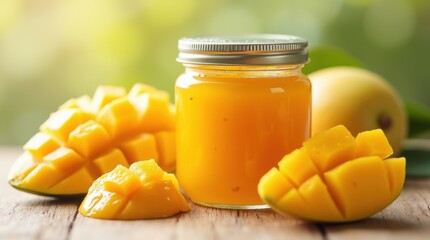 Glass container of mango jam with mango chunks, lemon juice, sugar, and pectin ingredients, bright yellow fruit preserve, ideal for breakfast spread Mango jam jar with fresh mangoes on side
