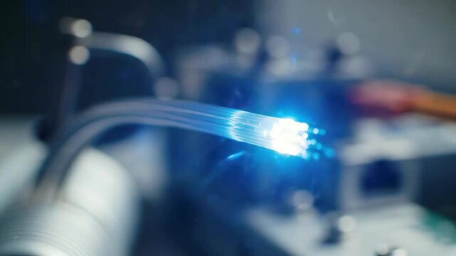 Fiber optic cable shines bright blue for Technology, data, and communication.