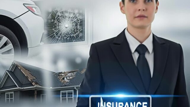 Insurance concept featuring a professional in a suit, depicting protection against various damages.