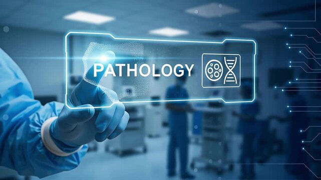 A medical professional interacting with a Pathology virtual touch screen interface for the concept of Healthcare and Technology.