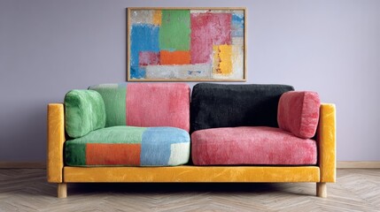 A colorful couch with a colorful pillow and a colorful blanket. The couch is placed in front of a colorful painting