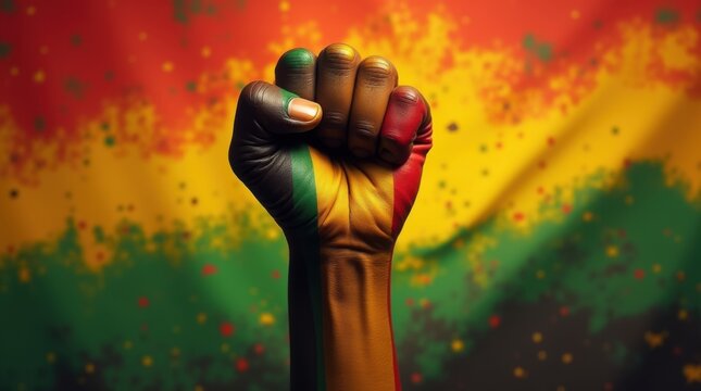 Hand is clenched into a fist, proudly raised up, Pan-African colors, June 19th Juneteenth day, Kwanzaa. Red, black, yellow and green colors. Africa Day