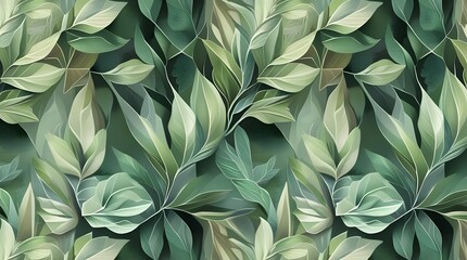 A seamless pattern of green leaves and foliage provides a vibrant nature background for spring or summer design
