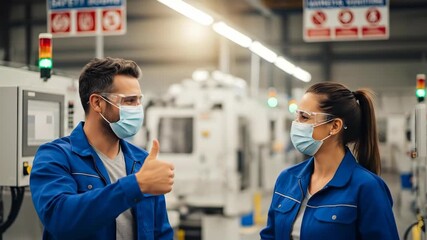 Factory workers greet with elbow bump while wearing safety gear in manufacturing area