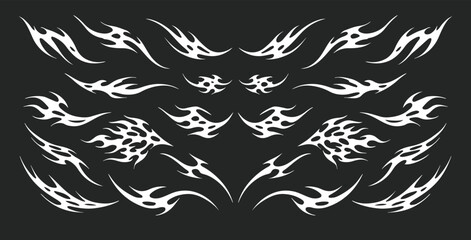  Set Pack Futuristic gothic tribal flame sigil vector design, inspired by Y2K aesthetic with liquid mercury metallic look, abstract tattoo artwork, and cyber illustration for modern graphic art.