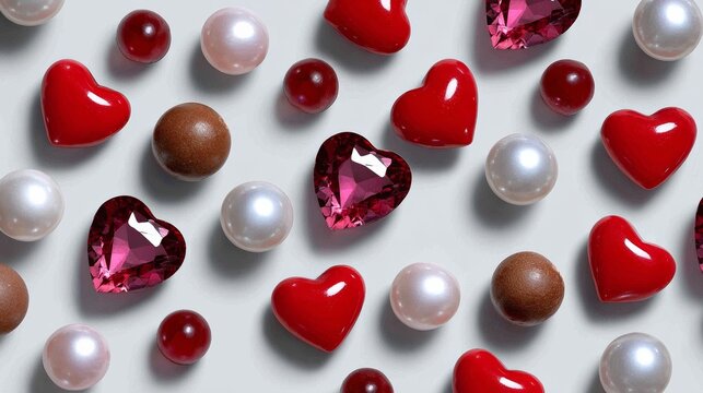A close up of a bunch of heart shaped candies and pearls. The candies are red and white and the pearls are white. The candies and pearls are arranged in a pattern that resembles a heart - Powered by Adobe