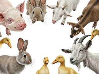 Farm animals frame isolated on white background featuring pig, rabbit, goat, and ducklings in a circle, perfect for childrens illustrations and designs