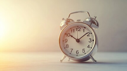 Classic Silver Alarm Clock on a Soft Background with Gentle Light Filter Creating a Warm Vibe for Timely Inspiration or Morning Routines