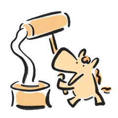 墨絵の餅つきをするかわいい馬　杵と臼　正月素材