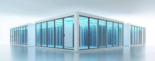 Fototapeta premium Modern modular server room with glass enclosures and blue LED systems showcasing scalable IT infrastructure, ideal for cloud computing presentations, digital marketing, and technology backgrounds