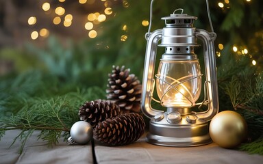 Christmas Lantern with Pinecones and Green Bokeh Lights