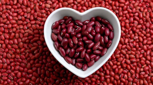 A bowl of red beans is placed on a red background. The beans are arranged in a heart shape, giving the impression of love and warmth