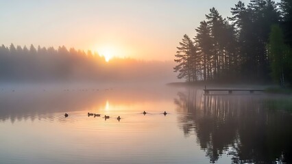 Serene Misty Lake Sunrise: Golden Light Ducks Silhouetted Pines and Pier Reflections.