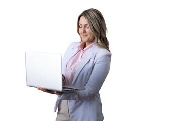 Businesswoman holding laptop smiling at screen
