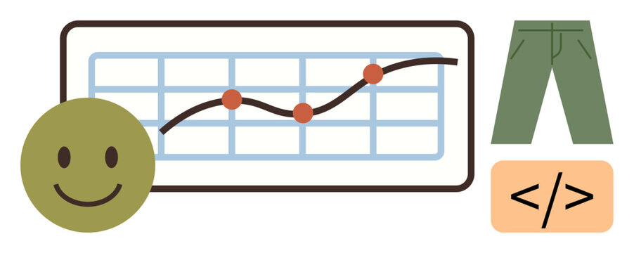 happy face, trend line graph, green pants, and code bracket evoke analytics, positivity, innovation. Ideal for data, coding, creativity progress fashion trends productivity simple flat metaphor